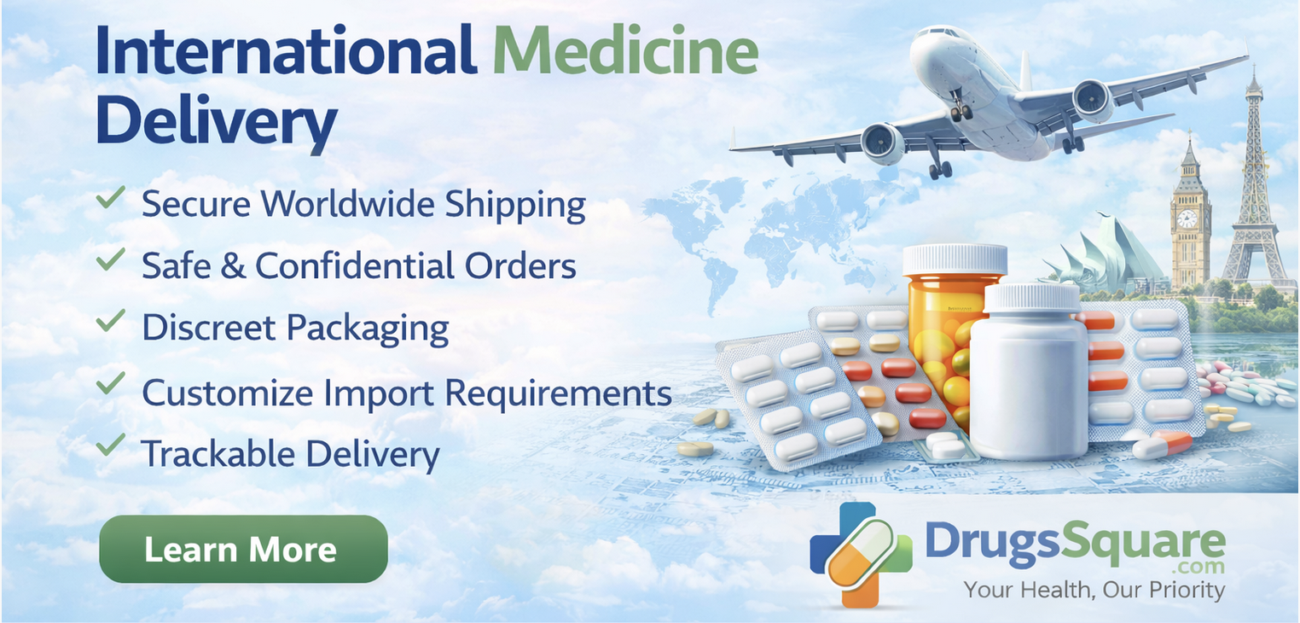International medicine delivery with secure worldwide shipping – Drugssquare global pharmacy banner